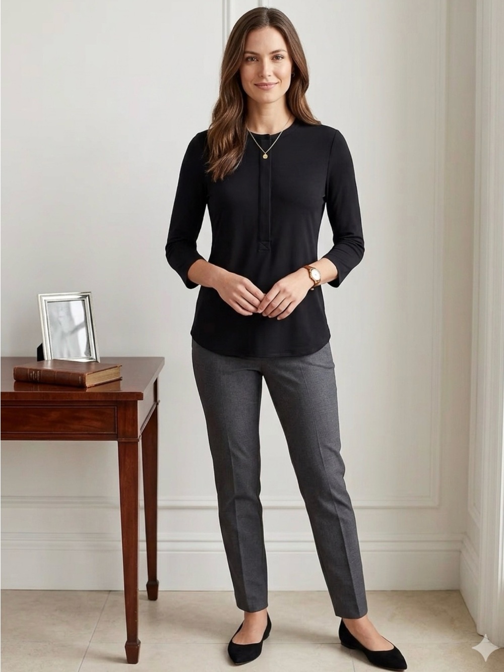 Ralph Lauren Black Three-Quarter Sleeve Crewneck Top
